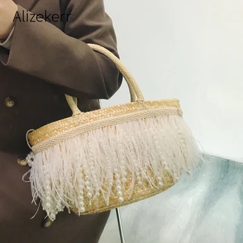 Плажна чанта с пискюли от пера и перли за жени 2021, нови елегантни плетени сламени чанти-тоут от перли, дамски чанти впечатлява със своя бохемски стил, ежедневни чанти за почивка