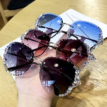 Повече от големи кръгли слънчеви очила с кристали Женски 2022 Реколта нюанси Градиентные дамски слънчеви очила Люнета De Soleil Pour Femmes 2022
