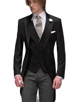 Популярен Дизайн, Индивидуални Мъжки Сватбени костюми на Младоженеца, Смокинг, Сако, Панталони, Мъжки Бизнес костюми (Черно яке + Жилетка + Панталони на райета)