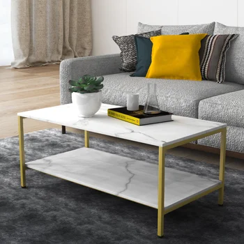 Правоъгълна холна маса от изкуствен мрамор, златна рамка, Мебели за хола, проста и модерна масичка за кафе
