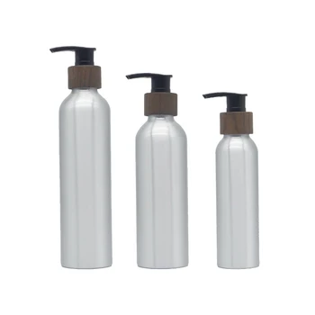 Празна алуминиева козметична опаковка Бутилка за лосион за вода Метални опаковки Сребърна бутилка за стипца с тъмен бамбуковым дървен помпа