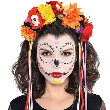 Превръзка на главата с мексикански цветен корона, костюм за парти в чест на Хелоуин, прическа Dia de los muertos