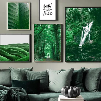 Пресни зелени растения, плакат с гледката на джунглата, планински водопад, цитати, монтиране на изкуството, платно, живопис, скандинавските картини за хол