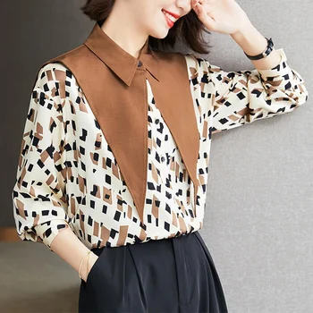 Пролетната мода, шифоновая блуза с отложным яка и дълъг ръкав в стил мозайка, дамски дрехи, елегантни ризи с копчета, женски универсални капаци