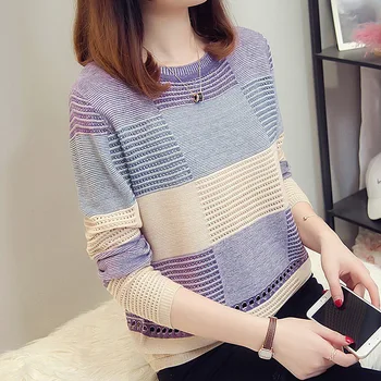 Пуловер женски пролетно-есенния корейски випуск е с цветна свободна риза райе с дълъг ръкав на лигавицата, отворени капаци с тънко покритие
