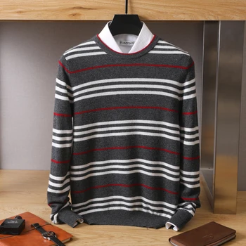 пуловер от 100% чиста вълна, мъжки пуловер с кръгло деколте, пролет-есен нова вязаный вълнен пуловер райе