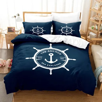 Пухени Морска котва Комплект спално бельо на морска тематика, покривки за завивки, покривки за легла, син на кораба, за украса на детска спалня