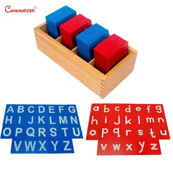 Пъзели Монтесори със синьо и червено азбука, буквата материали за деца, дървените играчки за проучване на детския език, забавни играчки за деца