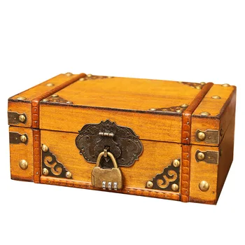 Реколта кутия за съхранение, дървена кутия за съхранение на козметика, настолна тапицерия, дървени ковчег за бижута с ключ, дървена кутия за съхранение