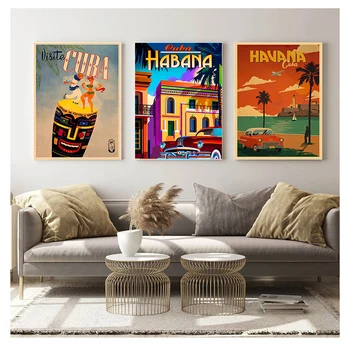 Реколта стенни картини, плакати с крафт-покритие, стикери за стена, декорация за дома, снимки, подарък, пътуване в Куба, Хавана, платно, живопис