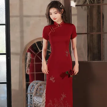 Рокля за майката Чонсам, рокля за сватбения банкет, рокля за тъща, червено вечерна рокля Ципао, рокля на китайската Нова година за жени 2023