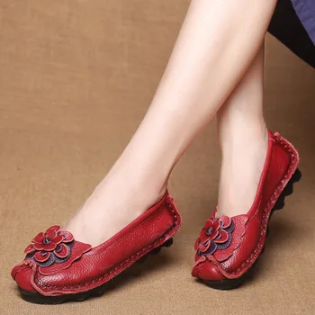 Ръчно изработени обувки в етнически стил с цветя модел за момичета, модни дишащи дамски обувки на плоска подметка от естествена кожа на открито 2023