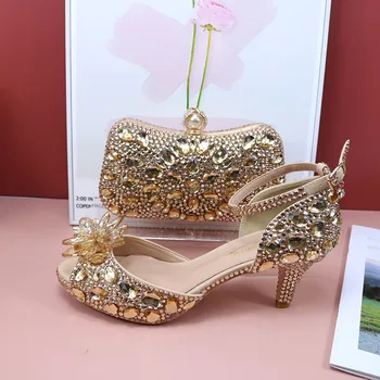 Сватбени обувки, цвят шампанско, gold crystal, комплект с чанта, луксозни вечерни обувки с кристали, с отворени пръсти, лодки с отворени пръсти