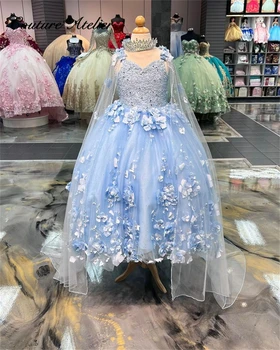 Светло сини рокли в стил спагети с 3D цветя за момичета-цветочниц на сватбата си с нос, бална рокля, детски рокли за момичета, скъпа парти