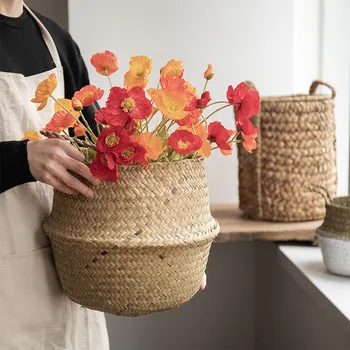 Сгъваема кошница от естествена слама, тъкани от морски водорасли, гърне за съхранение, градински ваза за цветя, подвесная кошница за пикник, кошница за съхранение, домашен декор