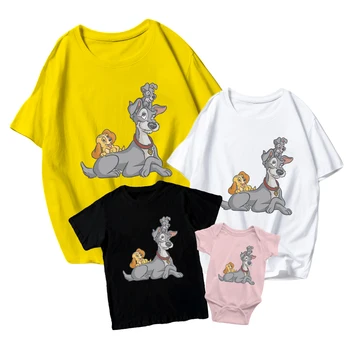 Семеен случайни гащеризон Disney Lady and The Tramp, забавен детски гащеризон с къс ръкав, лятна дишаща тениска унисекс за възрастни, нова тениска