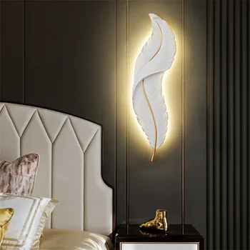 Скандинавски съвременен творчески лампа с пера, led, с монтиран на стената лампа, прикроватное осветление за спалня, Хол, TV-фон, монтиране на украса, лампа от смола