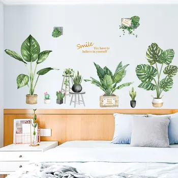 Стикер със зелено растение в саксия, стикер на стената, началната дневна, свежо и прохладно, украса, Стенни картини, стикери за спални, фонови етикети