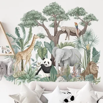 Стикери за стена с животински тропическите гори, за хол, спални, канапе, на фона на декор на стените, стикер на стената във формата на жираф, слон за дома