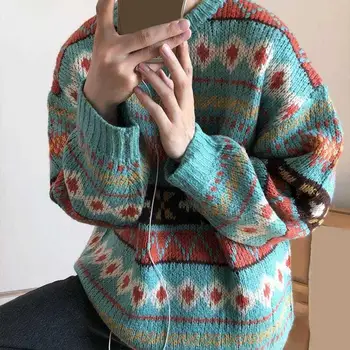 Стилен есенен пуловер с кръгло деколте, дебел пролетен пуловер пуловер с защитени от свиване, мъжки пуловер