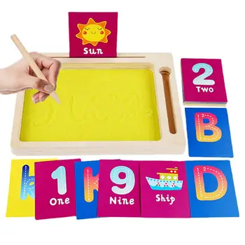 Тава за пясък Монтесори за букви, дървена кутия за премахване на пясък за писане на букви и цифри, детска градина с жълт пясък