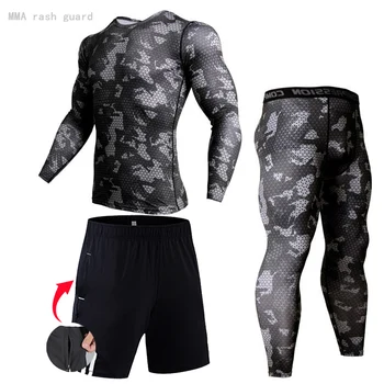 Тениска за Бягане за Мъже Компресия Панталони Спортен костюм Гамаши Спортен Тренировъчен комплект за Фитнес, MMA rashgard бързо съхнещи мъжки Спортни костюми за бягане