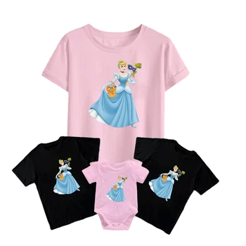 Тениска с изображение на принцеса пепеляшка на Дисни, подходяща за семейство, нов сладък детски случайни гащеризон Унисекс с къс ръкав за възрастни