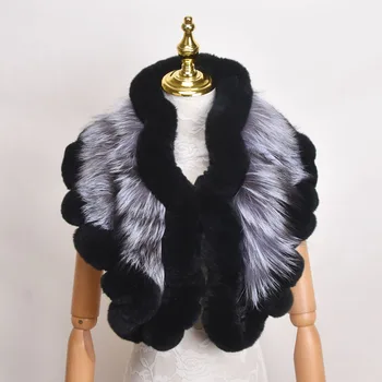 Топло дамско вязаная шал от естествена кожа заек Рекс, зимни дебели модни топла шал върху рамото от естествена кожа заек, дамски шал-пончо