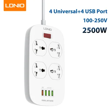 Удължител LDNIO, 4 контакта за променлив ток, 4 USB порта, зарядно за телефон, мрежов филтър универсален адаптер