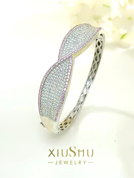 Универсален гривна от сребро 925 проба с лък, инкрустирани высокоуглеродистым диамантен пръстен, модно корейското издание, просто