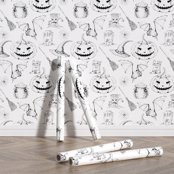 Фестивали на Хелоуин, декоративни тапети, под формата на тикви, бели сменяеми етикети във формата на прилеп в кухненски шкаф, украса за дома