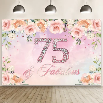 Фон с 75-ти рожден ден, розово цвете, 75-годишният потребителски фон за снимки на жените, аксесоари за парти по случай рождения ден