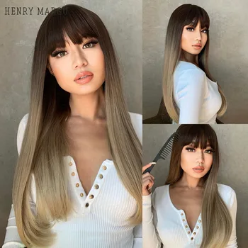 ХЕНРИ МАРГУ, синтетични перуки кафява блондинка с бретон, на дълги прави перуки за cosplay, наблягат на натурални режийни коса за чернокожите жени