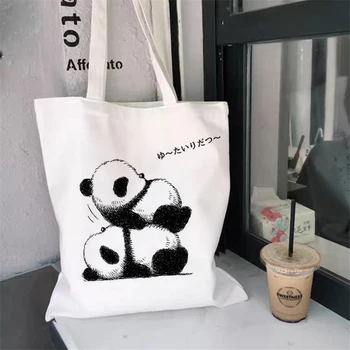 Холщовая чанта със сладък пандой, кавайная панда, модерна чанта за пазаруване и пътуване, голямо множество чанта-тоут.