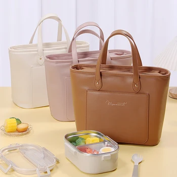 Чанта за обяд с изолация голям капацитет, дамски водоустойчив термосумка за обяд от изкуствена кожа, преносим чанта-хладилник, чанти за храна за пикник