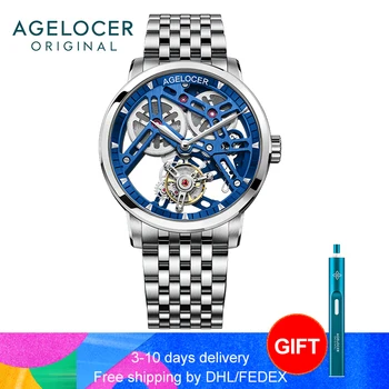 Часовници AGELOCER Tourbillon, механични часовници, мъжки сини часовник-гривна с виртуален скелет, ежедневни часовници Relojes Hombre