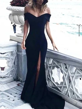 Черно меко атласное вечерна рокля 2023 с открити рамене, без ръкави, с цепка, рокля за бала, Vestidos De Noiva в стил знаменитост