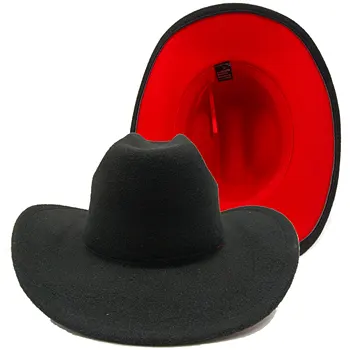 Черно-червена ковбойская шапка с навити периферия в стил пънк, мъжки и дамски готина шапка за езда, ковбойская фетровая шапка в западен стил