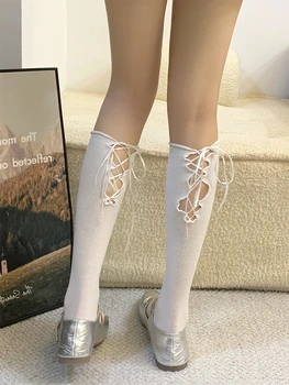 Чорапи-тръба Женски черни памучни с кухи лък и преминаването каишка в балетном стил, бели модни основни цветове, оформяйки краката Four Seasons Universal