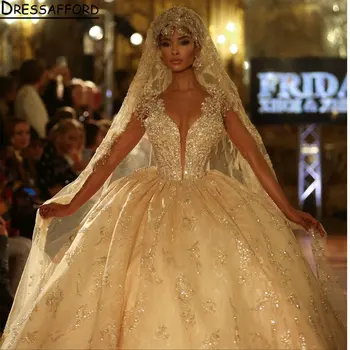 Шампанско, дълбоко V-образно деколте, диаманти, beading, Дубайское бална рокля, булчински рокли, апликация с пайети, дантели, Саудовское арабското сватбена рокля